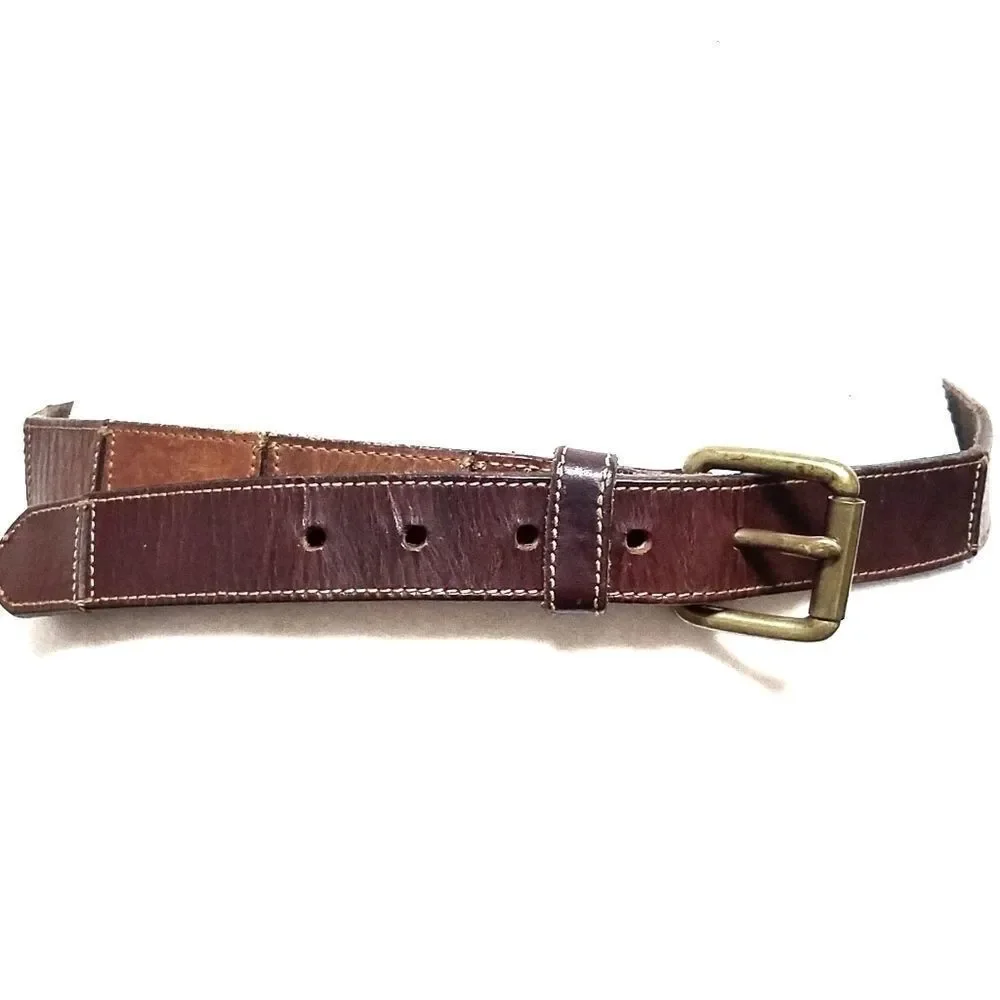 VINTAGE 90s Fossil Sectioned Leather Brass Belt